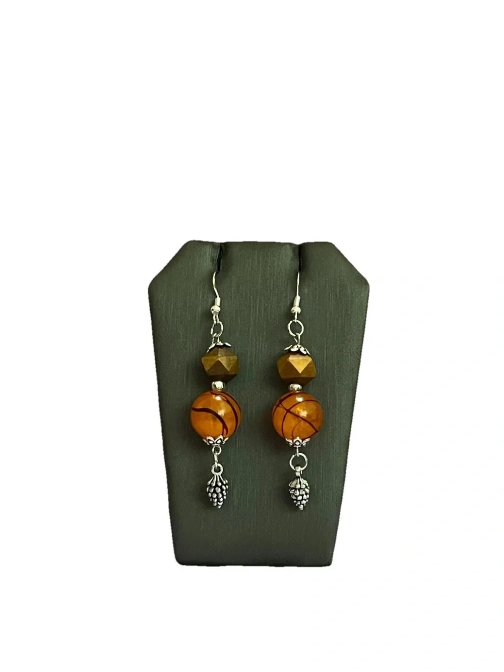Autumn Fall Halloween Harvest Drop Earrings Orange Striped Bead Silver Tone